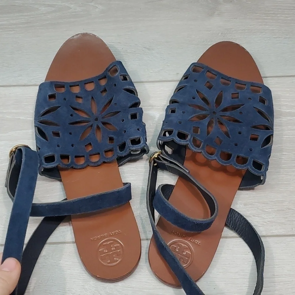 Tory Burch Womens May  Ankle Leather Suede Flats Sandals shoes sz 10M